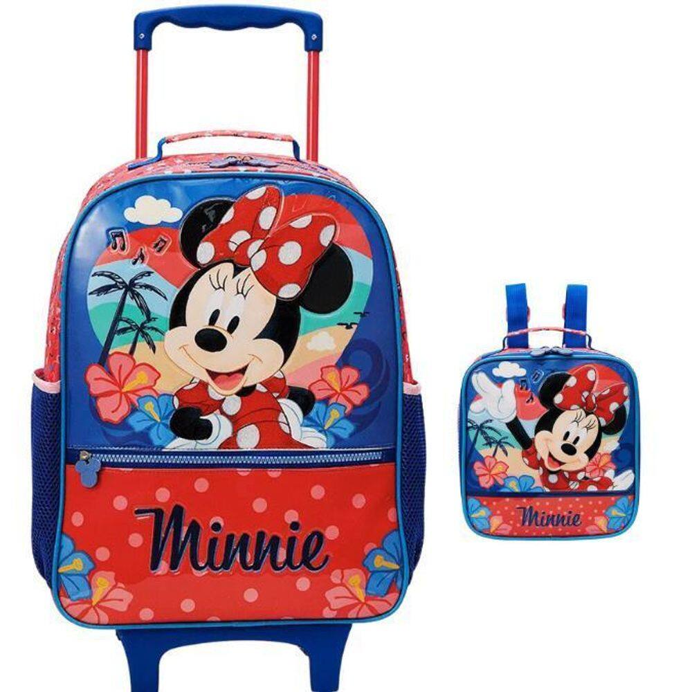 Kit Mochila Escolar Minnie Tropical Rodinha Tam G Lancheira