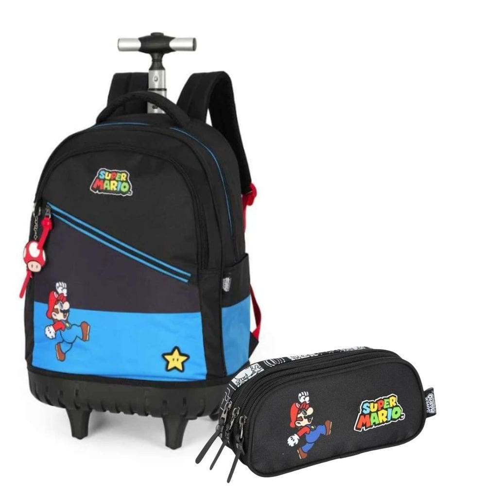 Kit Mochila De Rodinha Azul E Estojo Preto Escolar Luxcel