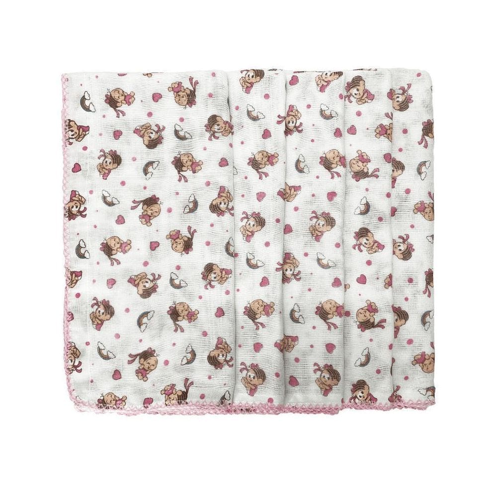 Kit 5 Fralda Da Turma Da Monica 70X70Cm Com Crochê Rosa