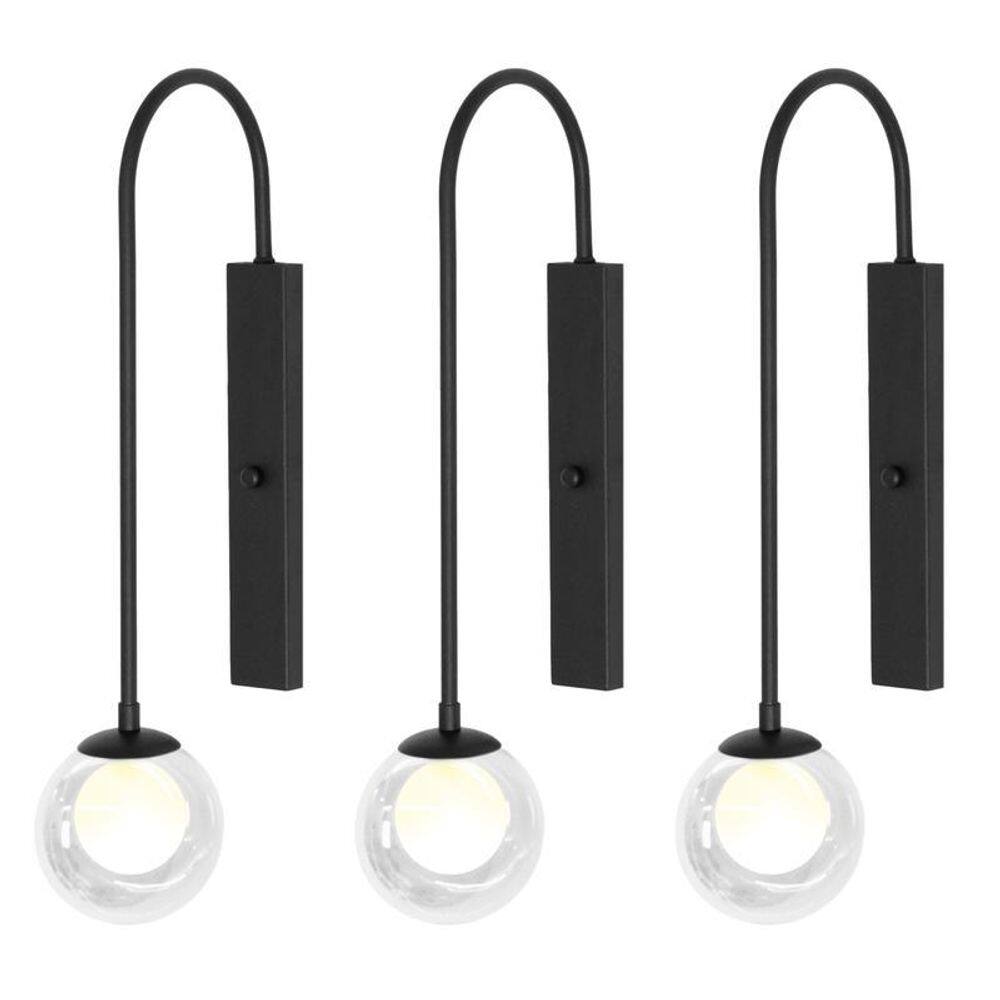 Kit 3 Arandelas Luminária Globo Duplo Vidro Retangular Preto