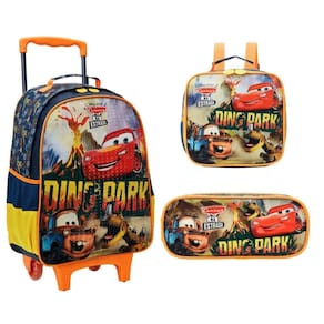 Kit Mochila De Rodinhas 14` Carros + Estojo + Lancheira