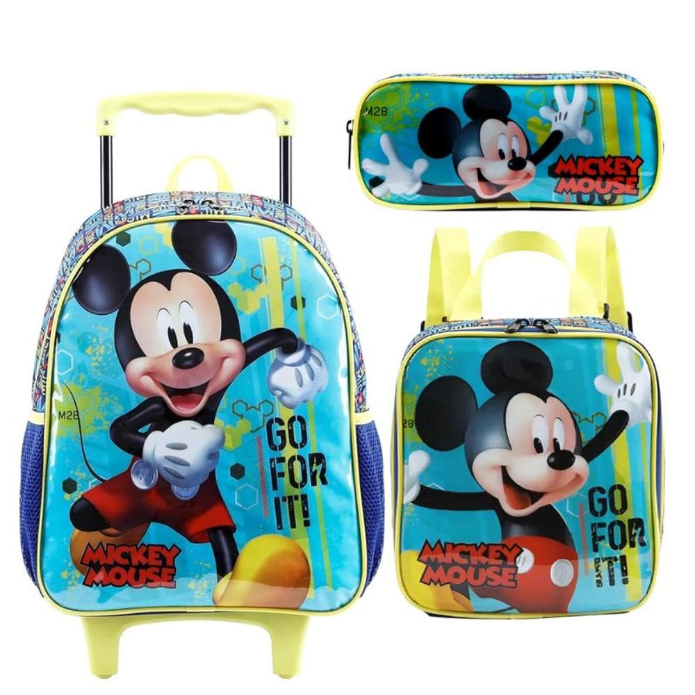 Kit Mochila Escolar Rodinhas + Lancheira + Estojo Mickey Mouse Xeryus