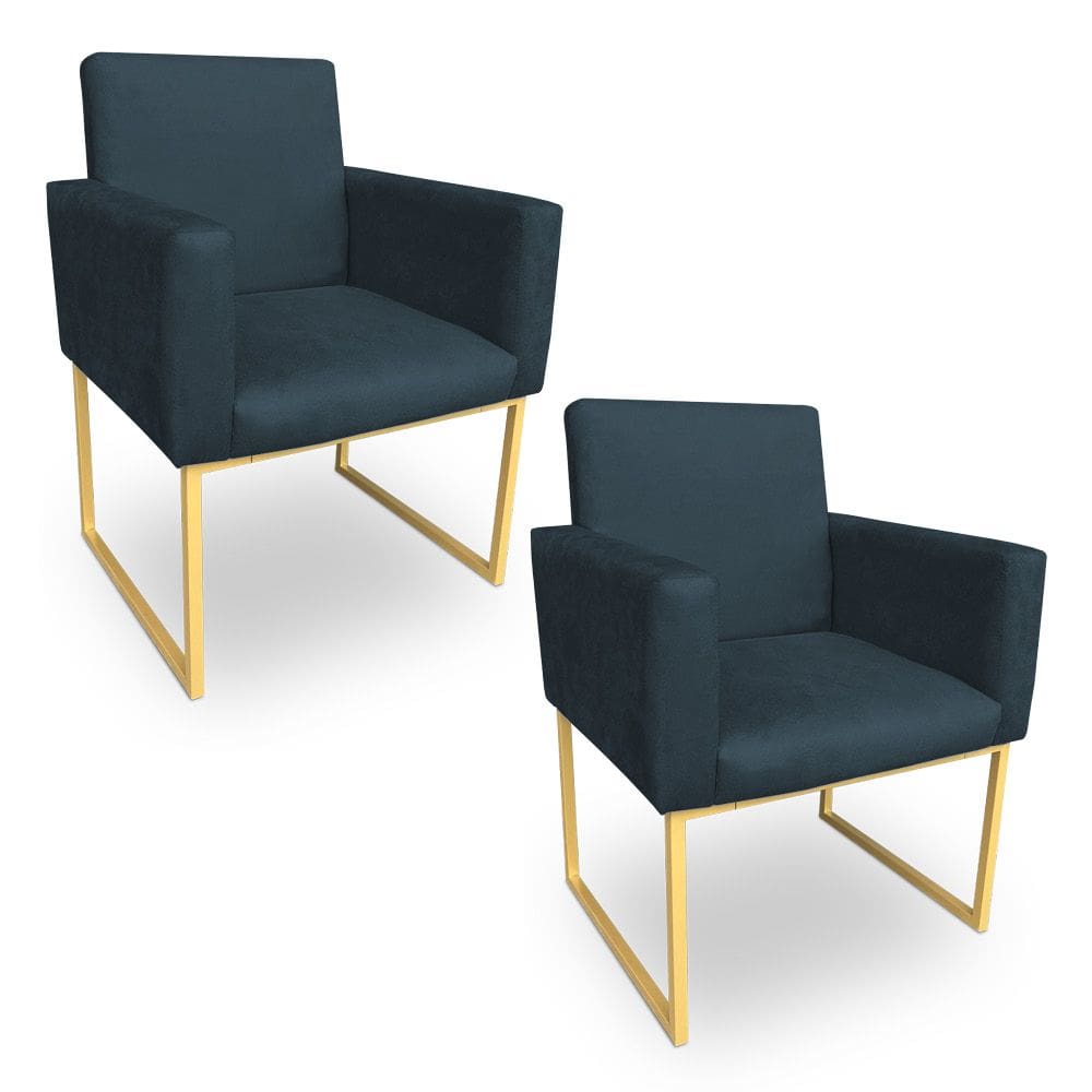 Kit 2 Poltronas Decorativa Nina Suede Azul Marinho Base Metálica Industrial Dourado - Pallazio