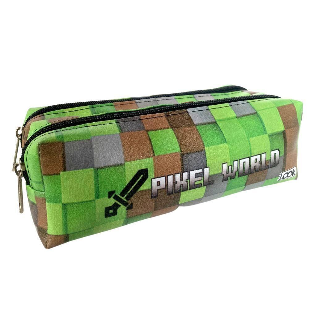 Estojo Escolar Duas Divisórias Pixel World Verde/Preto Look