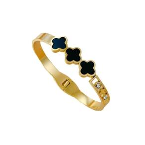 Pulseira Bracelete Dourado Feminino Liso com Pingente pedras cravejado zircônias Flor 4 Folhas Trevo Luxo Lançamento