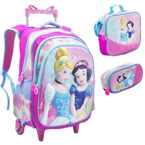 Mochila Rodinha+lancheira térmica +estojo Princesas 3D