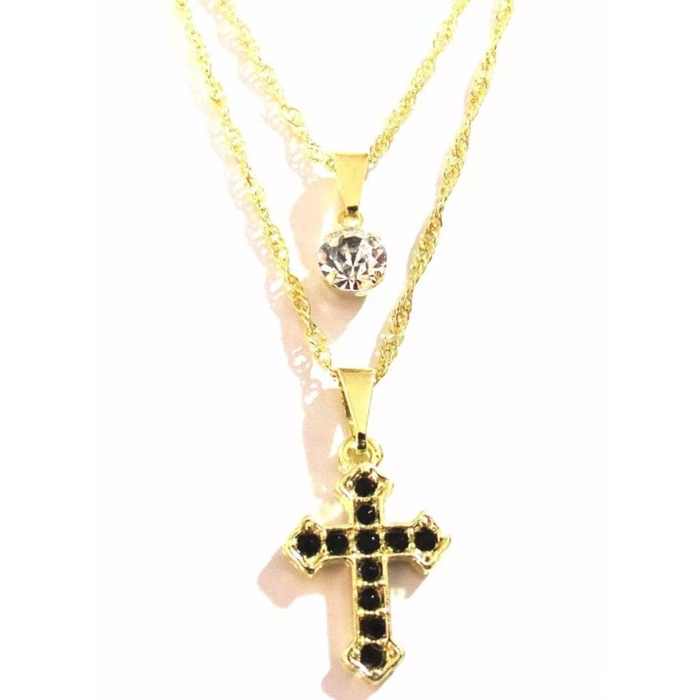 Cordão Colar Duplo Cruz Religiosa Folheado 18k