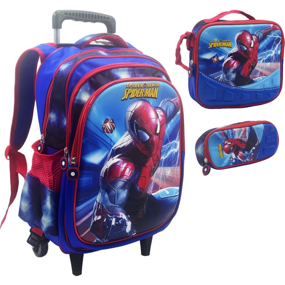 Mochila Rodinha + lancheira térmica + estojo - Homem Aranha Azul 3D