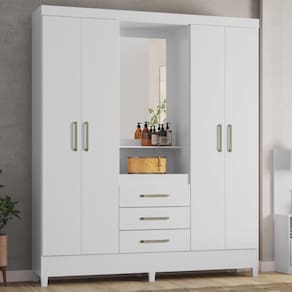 Guarda Roupa Casal 4 Portas Com Espelho E 3 Gavetas Colombo Branco-rosa-branco