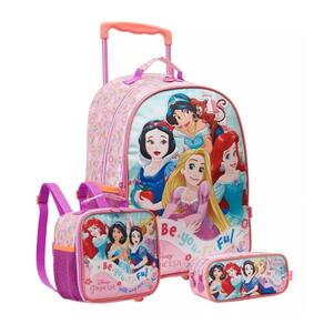 Kit Mochila com Rodas Princesas Disney 16 Lancheira E Estojo Escolar