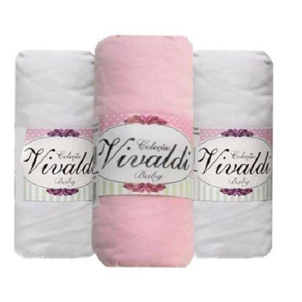 3 Lençol De Berço Com Elástico Malha 2 Branco 1 Rosa