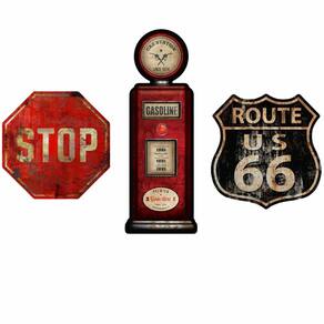 Kit Placas Decoração Stop, Gas Station E Route 66 Trânsito