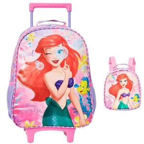 Kit Mochila Escolar Princesa Ariel Rodinha G Com Lancheira