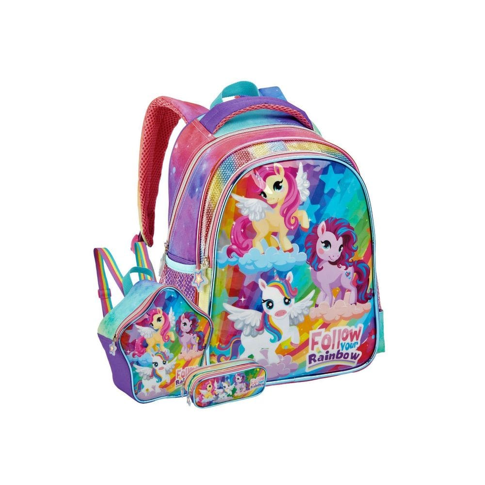 Kit Escolar Mochila De Costas + Lancheira + Estojo Unicórnio
