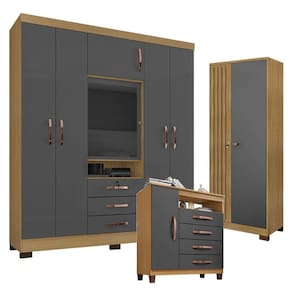 Guarda Roupa Casal Imperial e Cômoda Sapateira Cannes com Armário Multiuso Versatile Carvalho Americano Grafite - Incorplac
