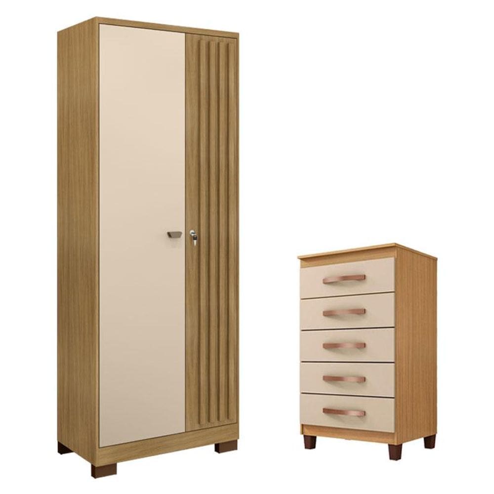 Cômoda Cannes 5 Gavetas com Armário Multiuso Versatile 2 Portas com Chave Carvalho Americano Off White - Incorplac- Incorplac