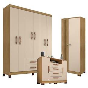 Guarda Roupa Casal Modena 6 Portas com Cômoda Madri e Armário Multiuso Versatile 2 Portas com Chave Carvalho Americano Off White - Incorplac