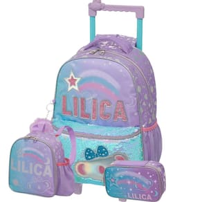 Kit Mochila Roda Lilica Ripilica Lantejoula Lancheira Estojo