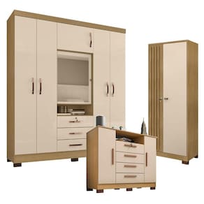 Guarda Roupa Casal Imperial e Cômoda Madri com Armário Multiuso Versatile Carvalho Americano Off White - Incorplac