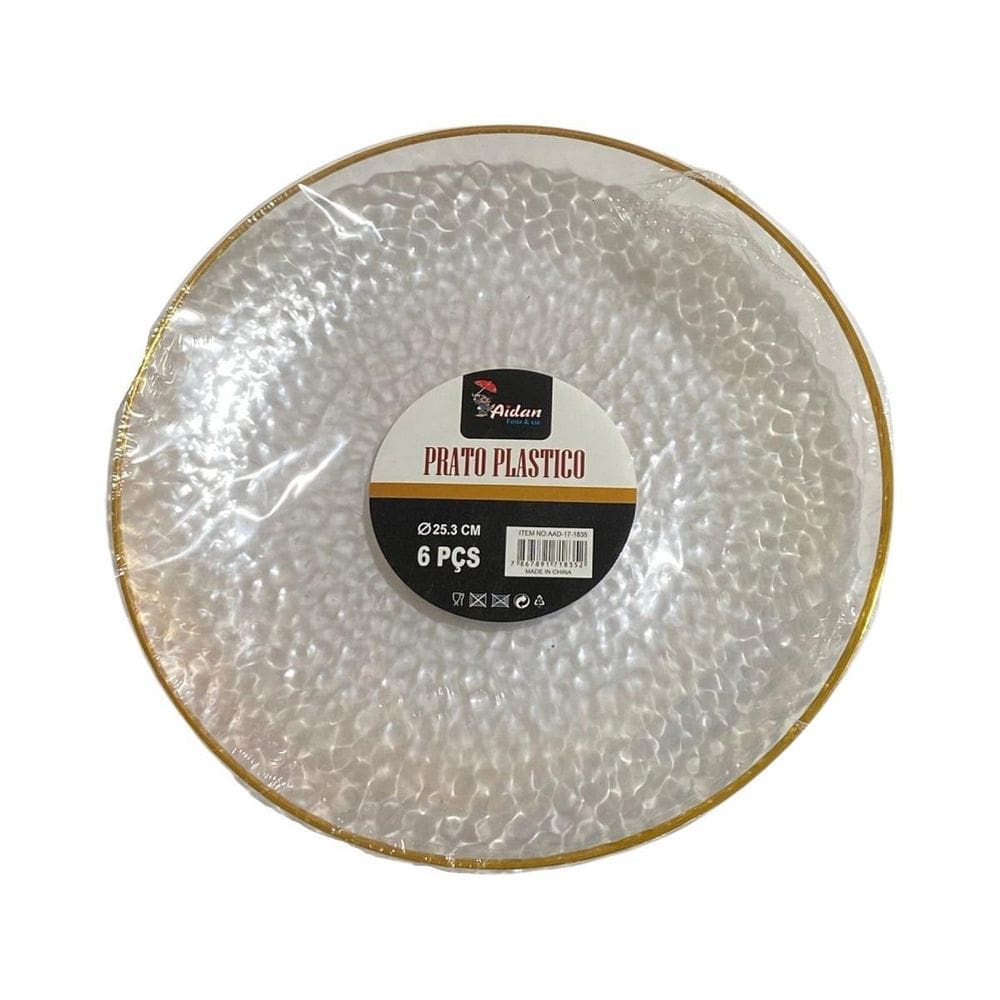 Kit 6 Pratos Jantar Redondo Acrílico Borda Dourado 25Cm