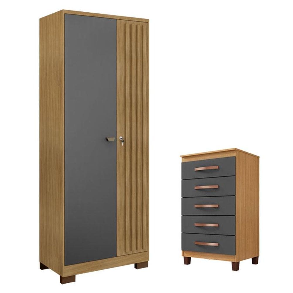 Cômoda Cannes 5 Gavetas com Armário Multiuso Versatile 2 Portas com Chave Carvalho Americano Grafite - Incorplac- Incorplac