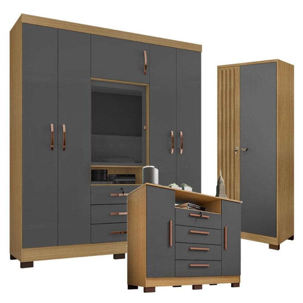 Guarda Roupa Casal Imperial e Cômoda Madri com Armário Multiuso Versatile Carvalho Americano Grafite - Incorplac