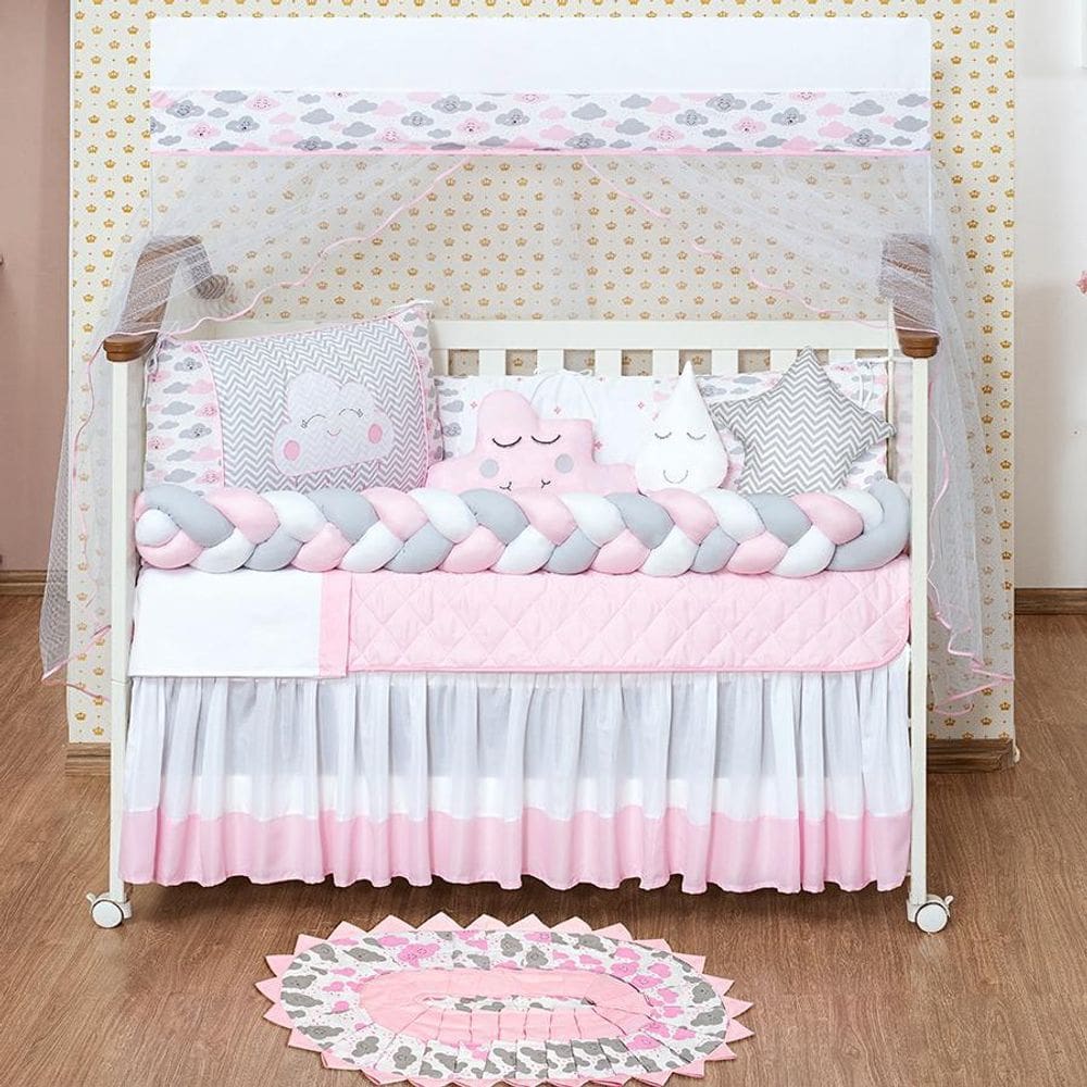Kit Berço Nuvem Rosa 13 Peças c/ Tapete - 100% Algodão