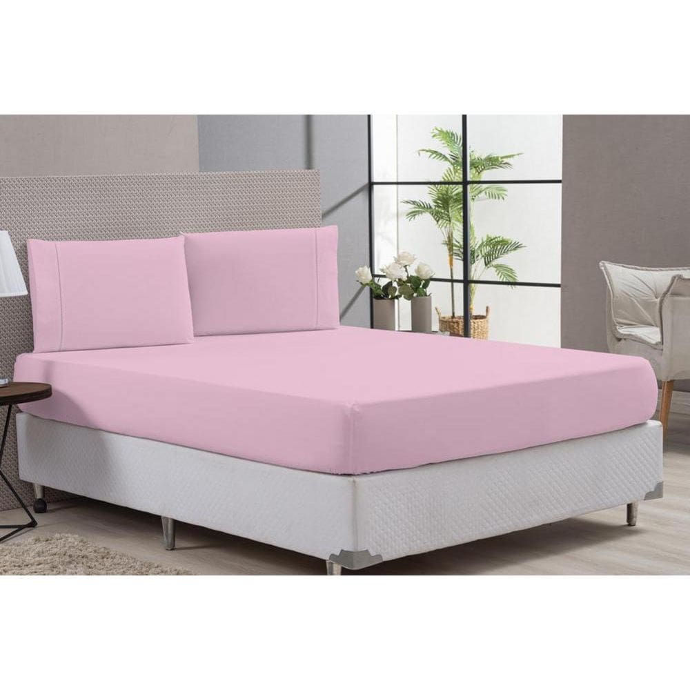 Kit Lençol Com Elástico E Fronha 100% Algodão Rosa Padrão
