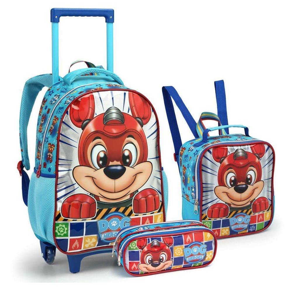 Kit Mochila Rodinhas Lancheira Estojo Dog Heroes Cachorros