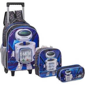Kit Mochila Rodinhas Lancheira Estojo Infantil Rodinha Robô