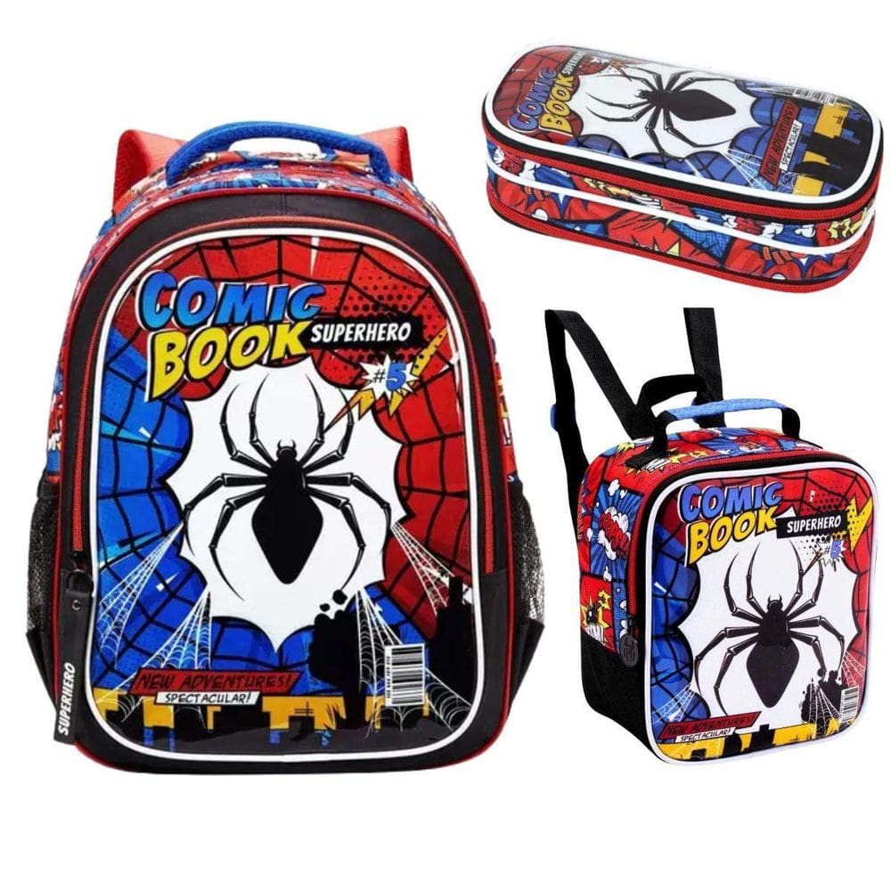 Kit Mochila Costas Lancheira Estojo Homem Aranha Comic Book