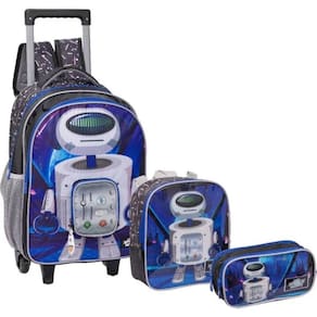 Kit Mochila Rodinhas Lancheira Estojo Infantil Rodinha Robô