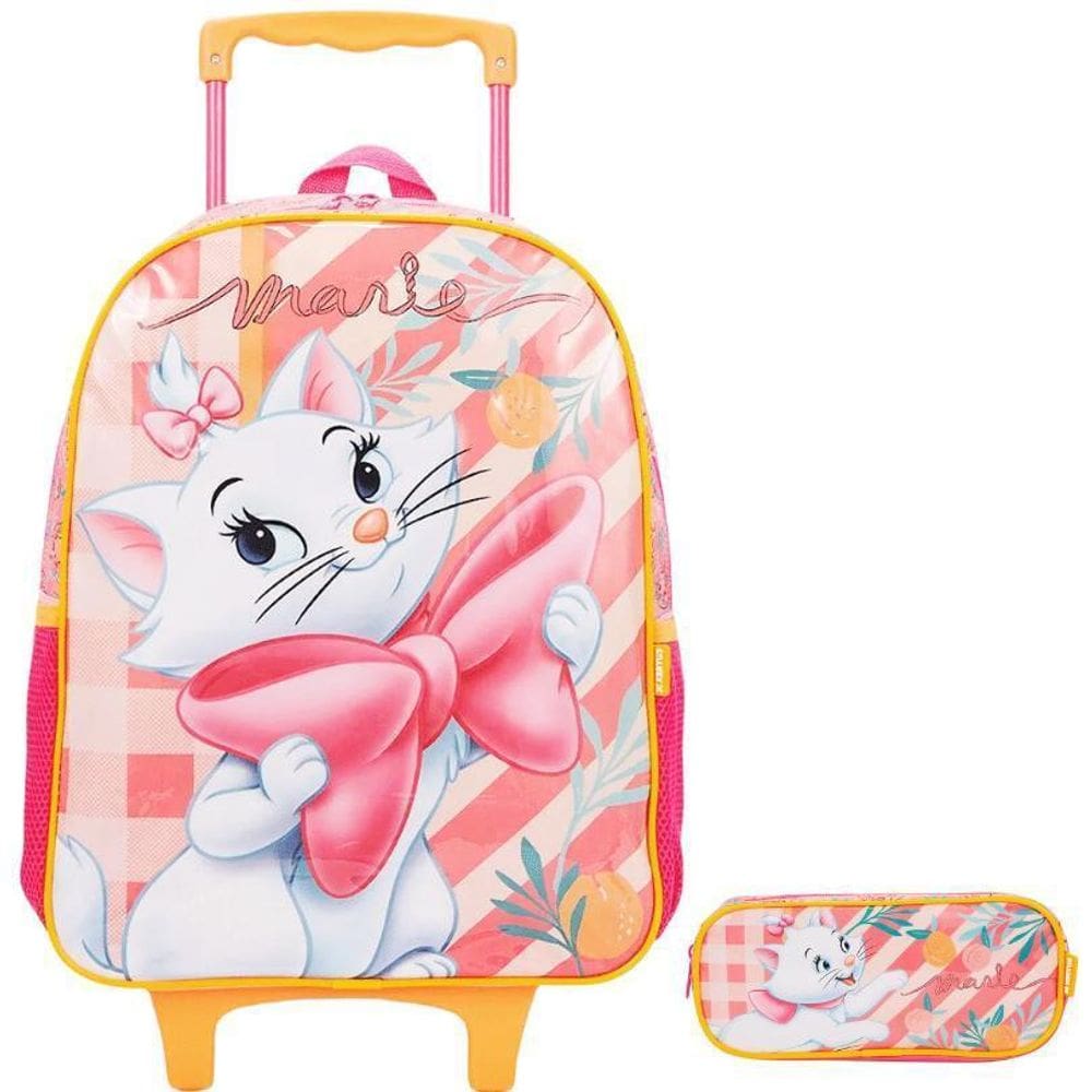 Kit Mochila Escolar Gatinha Marie Rodinha Tam G Com Estojo