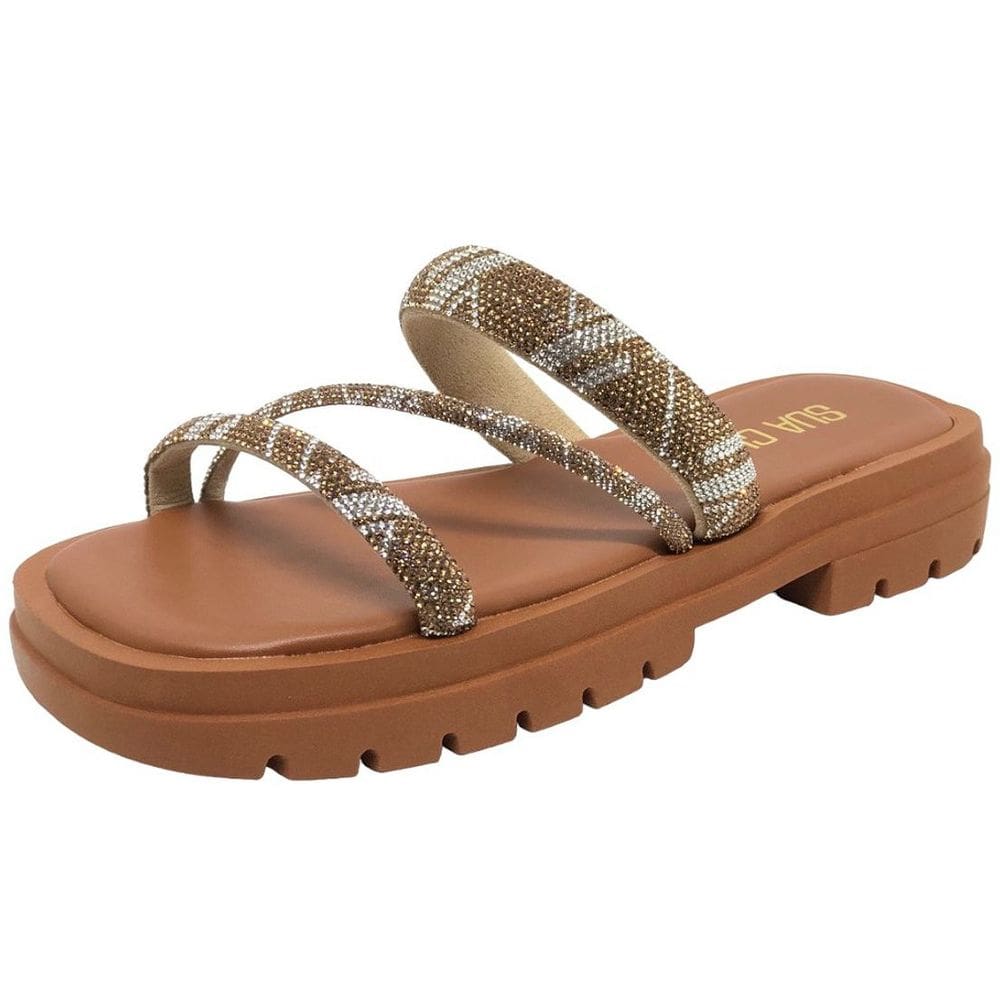 Chinelo Feminino Slide Tratorado Tiras Strass Sua Cia