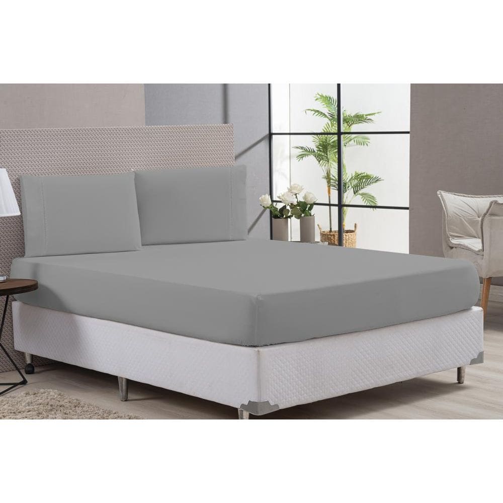 Jogo Lençol Cama Casal King 80% Algodão Cinza Elástico