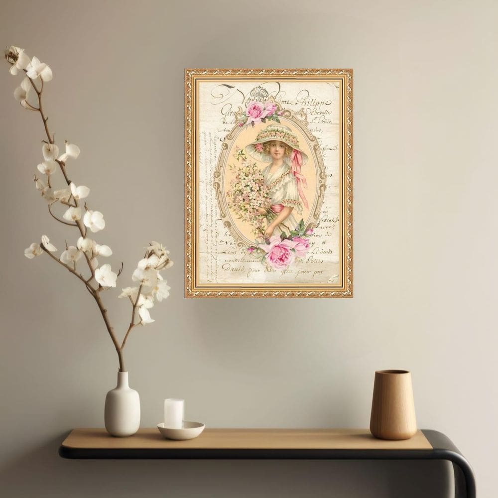 Quadro Decorativo Mulher Buquet Flores Vintage 33X24Cm