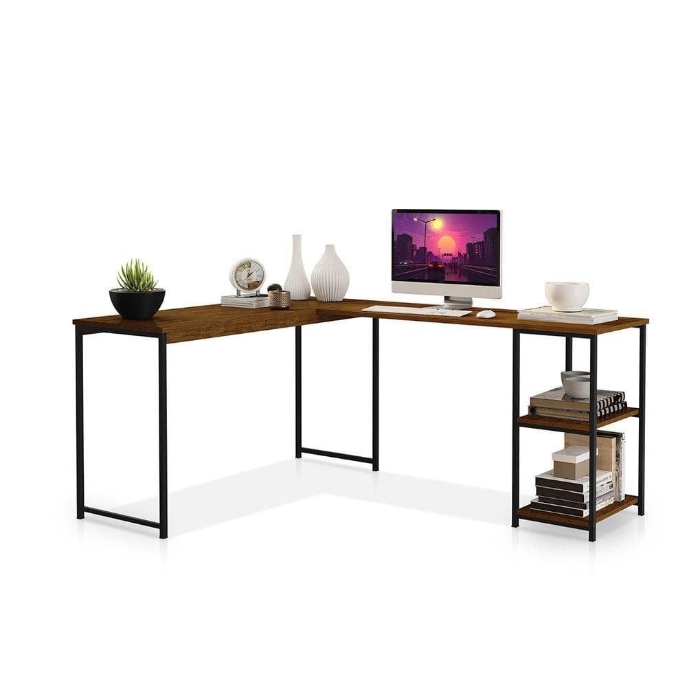 Mesa Em L Office Em Mdf Estilo Insdustrial Klm Store Imbuia/ Preto