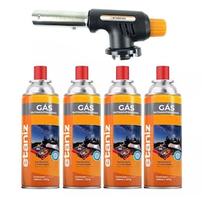 Kit Maçarico Portátil Regulável com 4 Refis de Gás Cartucho Butano Ideal para Cozinha Confeitaria Gourmet