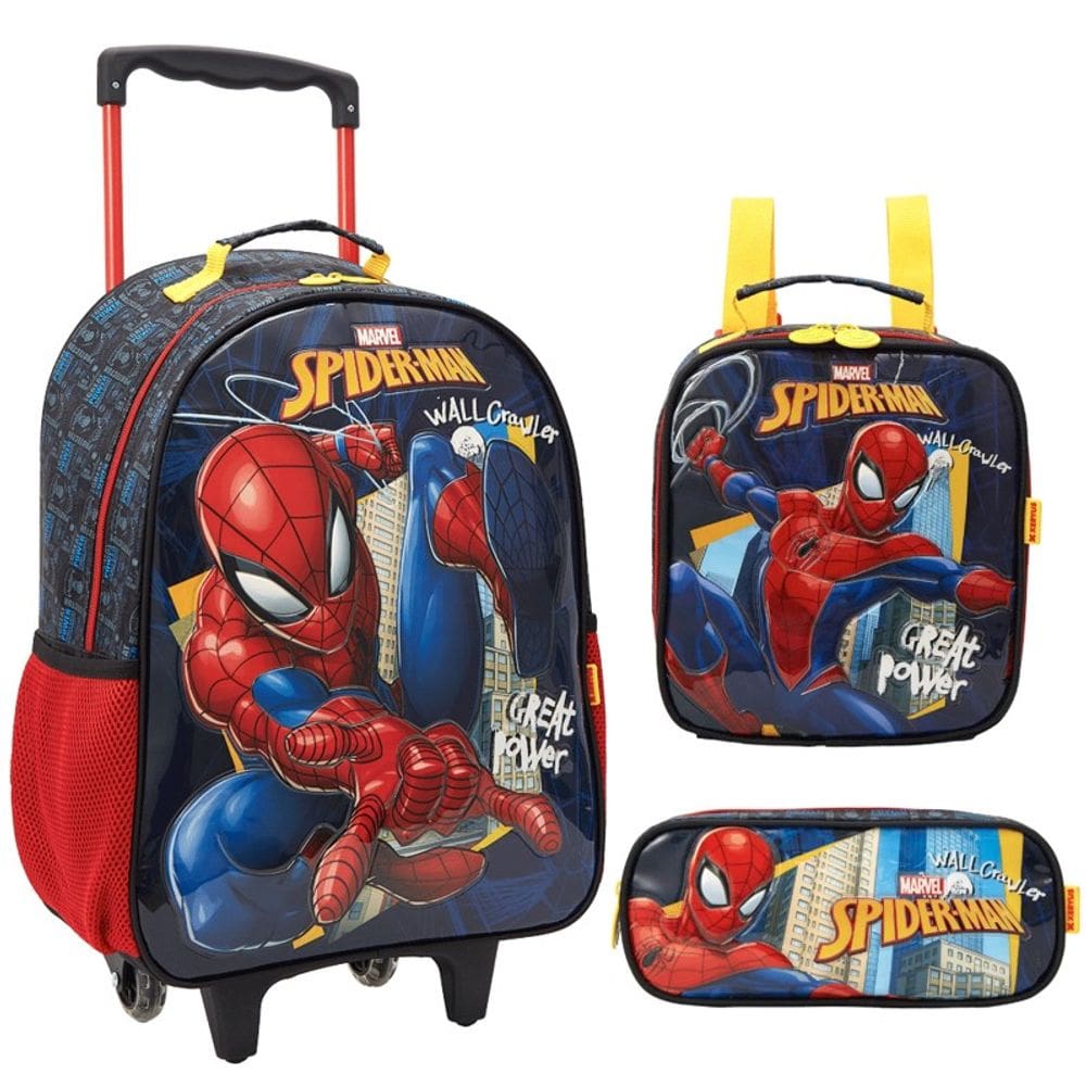 Kit Mochila de Rodinhas Homem Aranha Spider X1-B Lancheira e Estojo