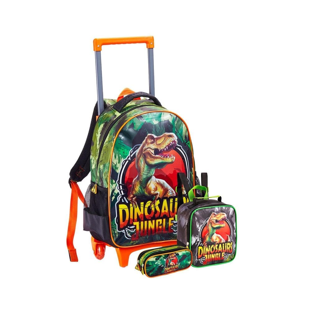 Kit Escolar Mochila Rodas+Lancheira+Estojo Dinossauro Rex