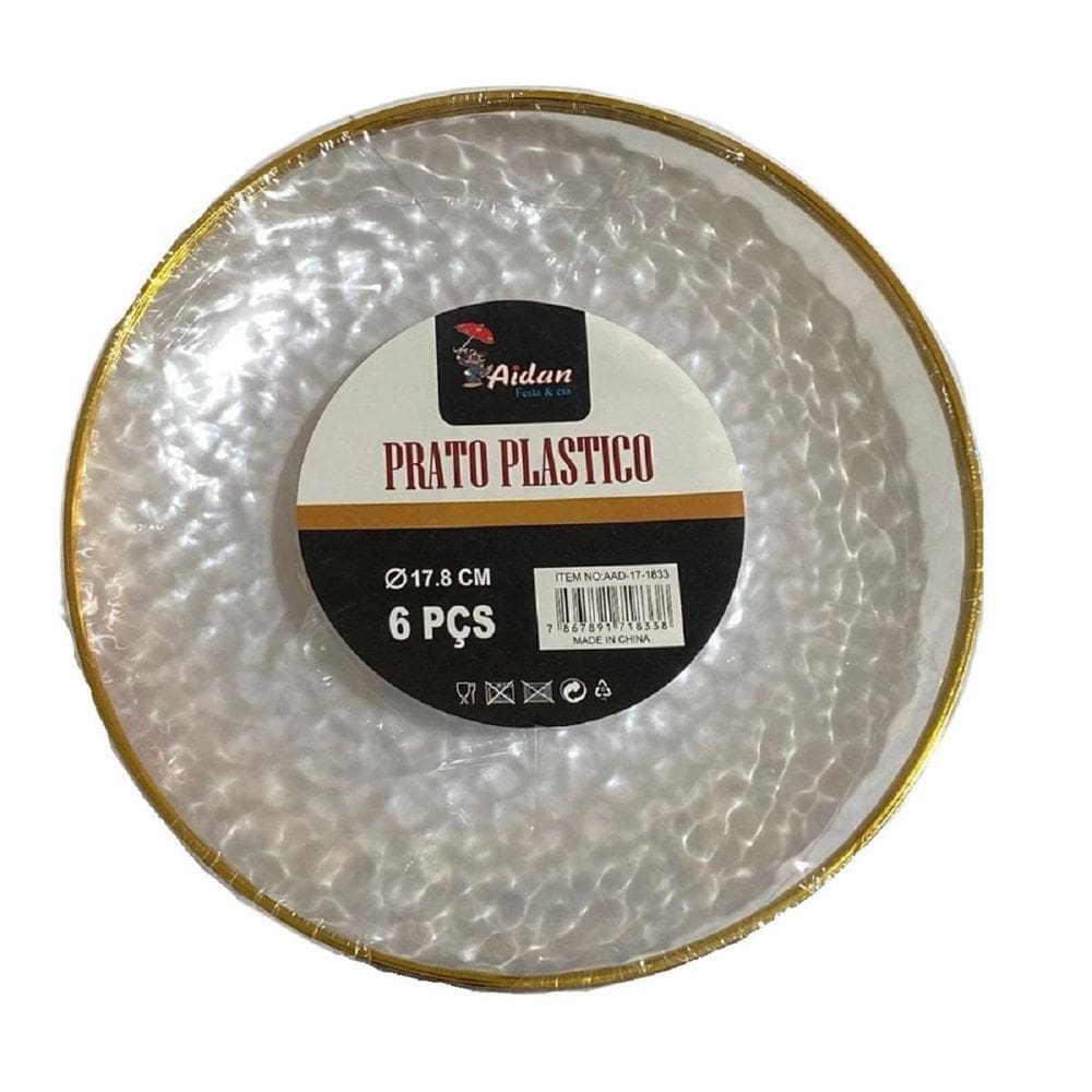 Kit 6 Pratos Redondo Acrílico Luxo Borda Dourado 17Cm Festa