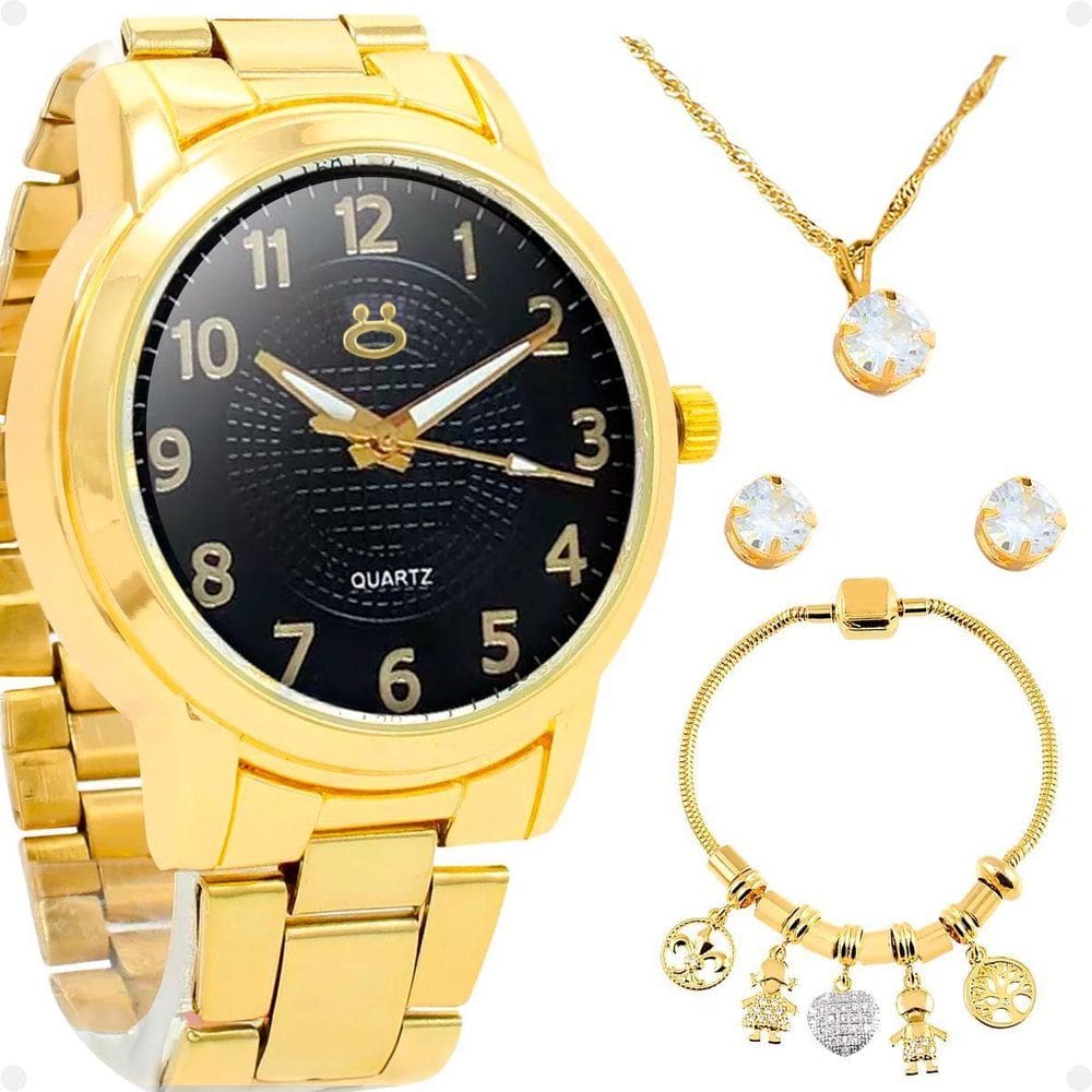 Relogio Banhado Aço Inox Feminino + Pulseira + Colar Brinco