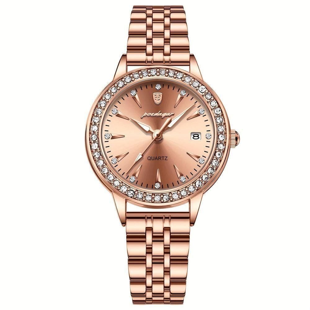 Relógio De Quartzo Elegante Para Mulheres Luxo Com Strass Pulseira De Aço Inoxidável Ouro Rosa Ouro