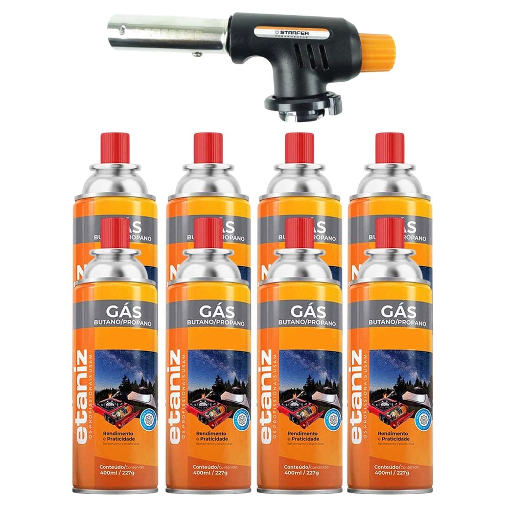 Kit Maçarico Portátil Regulável com 8 Refis de Gás Butano Ideal para Cozinha Confeitaria