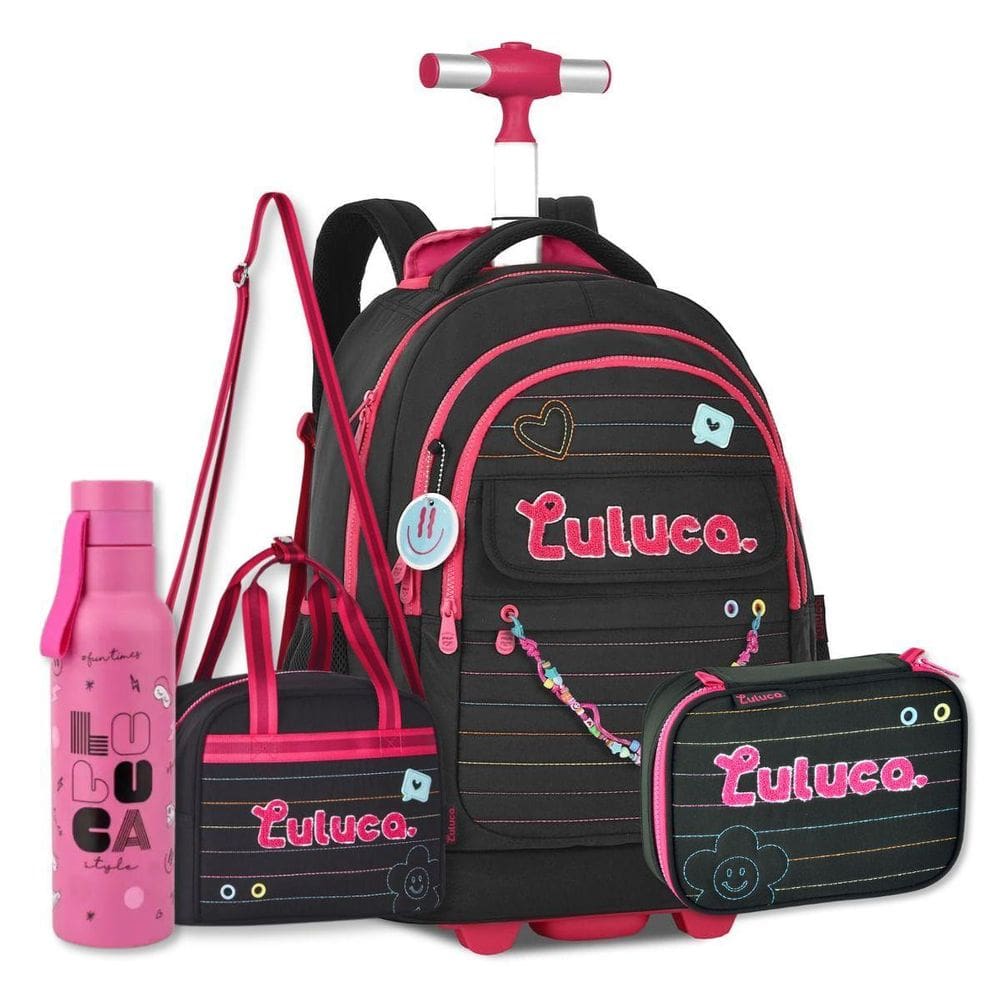 Mochila Escolar Luluca Com Lancheira Estojo Garrafa Térmica