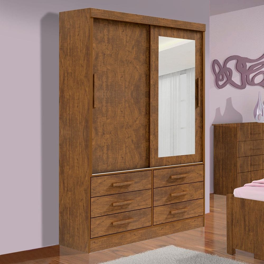 Guarda Roupa Solteiro 2 Portas e 6 Gavetas Com Espelho