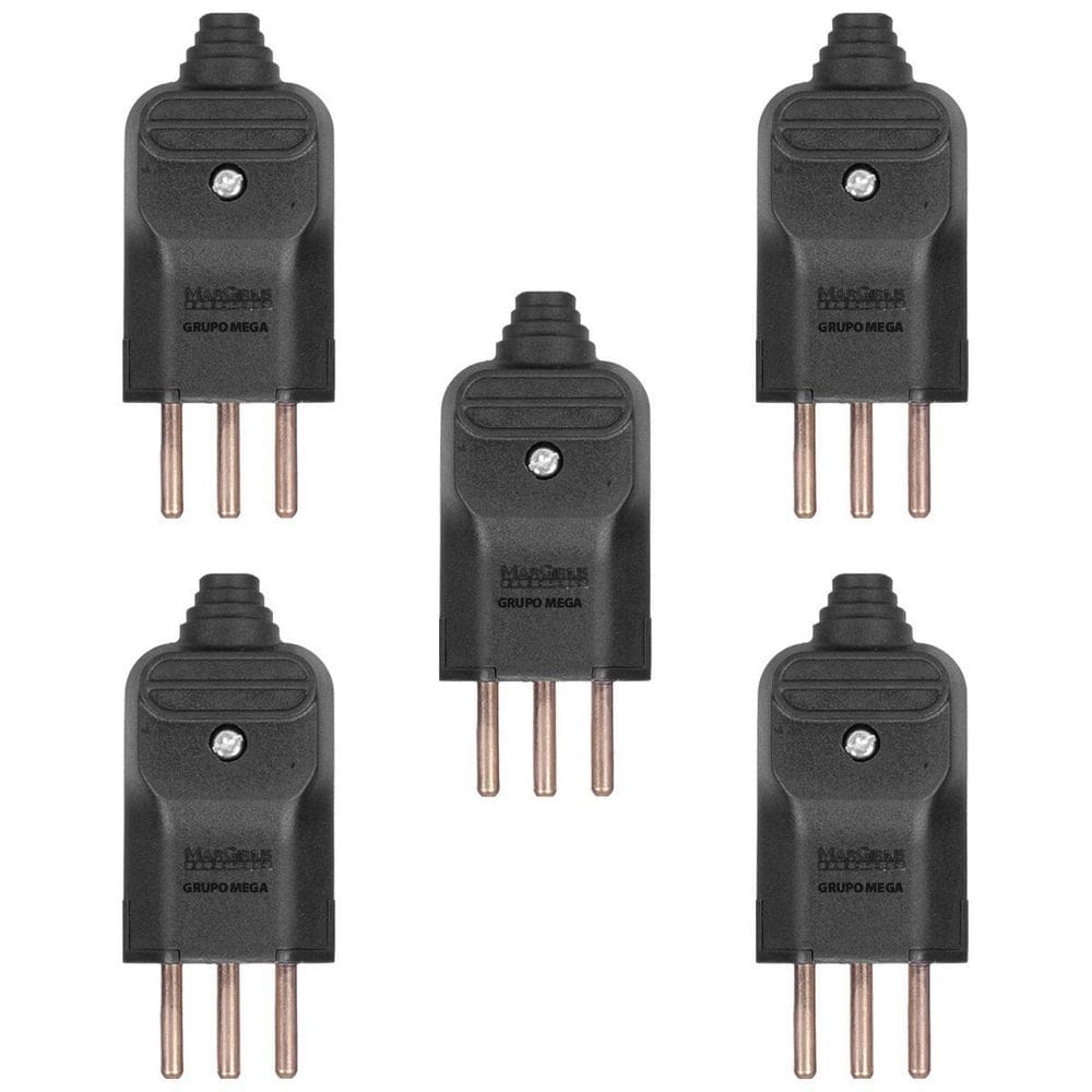 5 Tomada Macho Prensa Cabo 2P+T 10A Plug Fino Preto