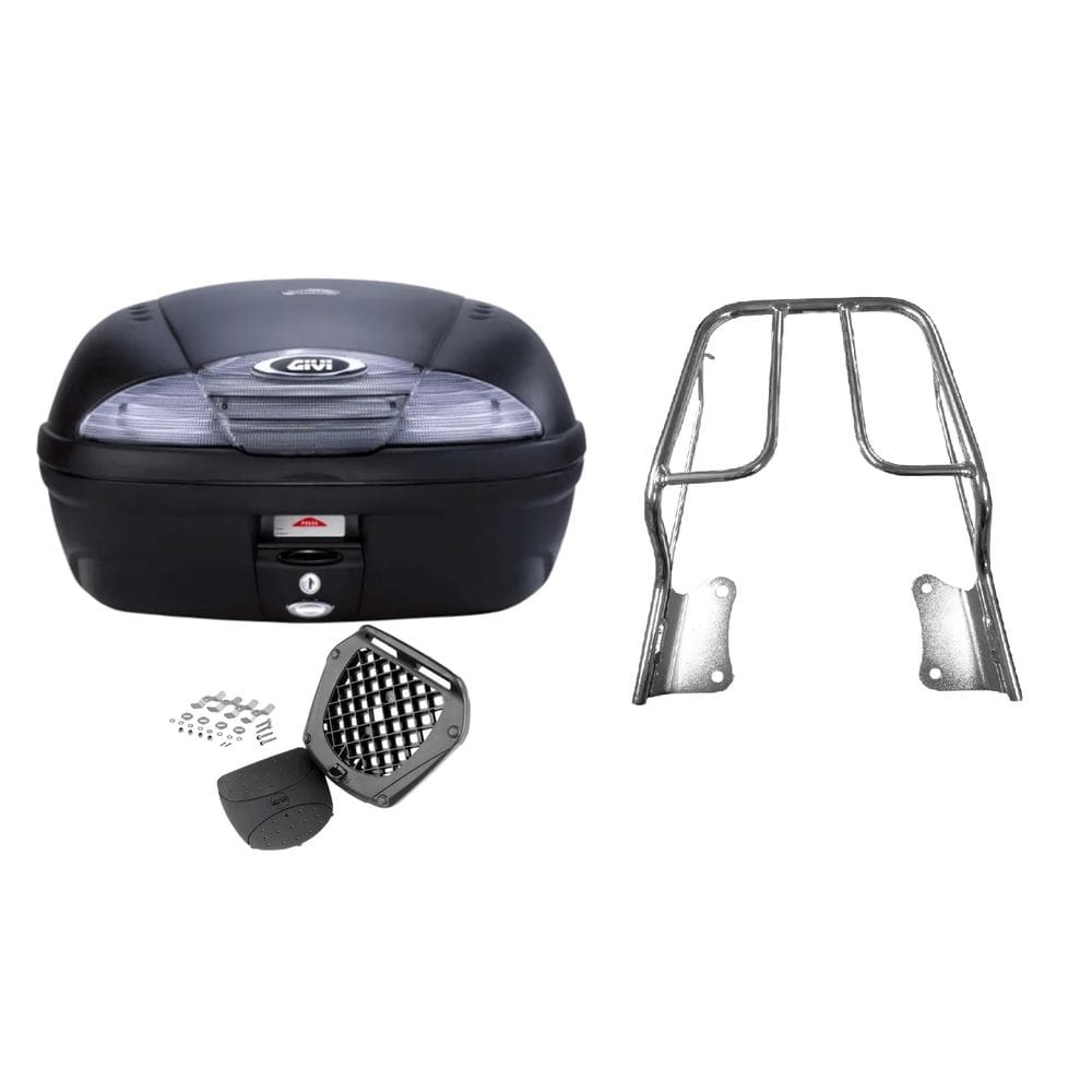 Kit Baú Moto 45L Givi E450nt + Bagageiro Cromado Factor 125 2009 2010 2011 2012 2013 2014 2015