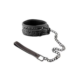 Coleira Ajustável Preta Com Corrente E Guia - Collar With Leash Pyramid Pattern - Preto