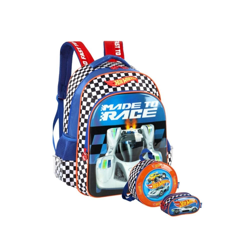Kit Mochila De Costas+Lancheira+Estojo Hot Wheels - Azul